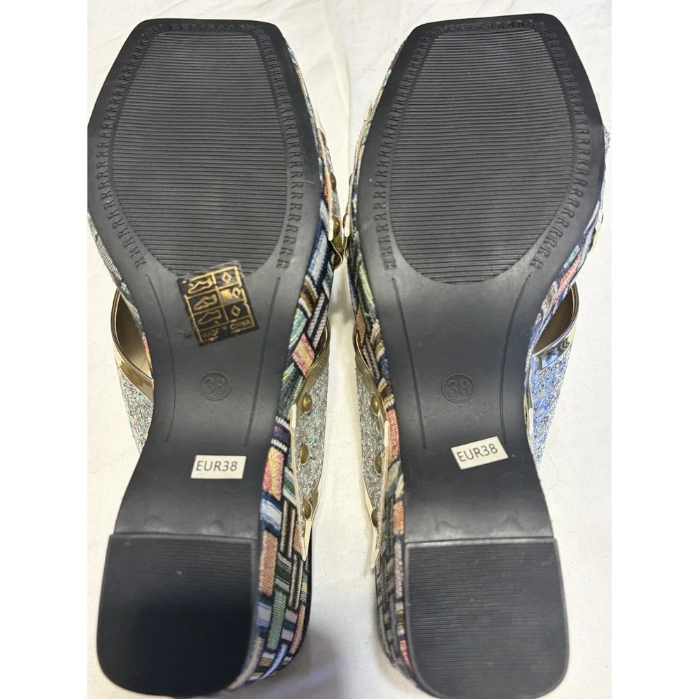 Glitter Slide Sandals Geometric Multicolor Silver Block Heel Straps Women's 7